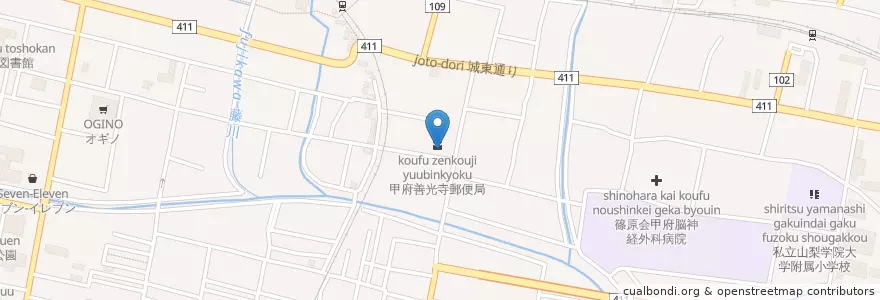 Mapa de ubicacion de 甲府善光寺郵便局 en Japan, Yamanashi Prefecture, Kofu.