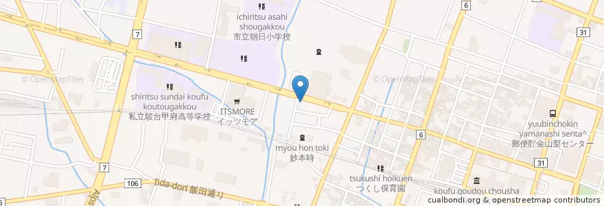 Mapa de ubicacion de 甲府朝日三郵便局 en 日本, 山梨県, 甲府市.