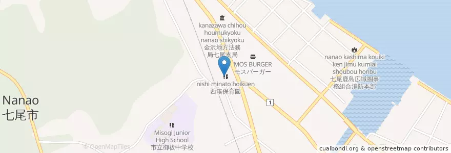 Mapa de ubicacion de 西湊保育園 en Japão, 石川県, 七尾市.
