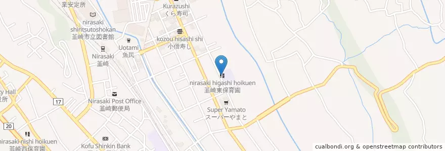 Mapa de ubicacion de 韮崎東保育園 en 일본, 야마나시현, 韮崎市.