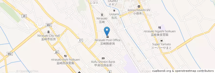Mapa de ubicacion de 韮崎郵便局 en Japonya, 山梨県, 韮崎市.
