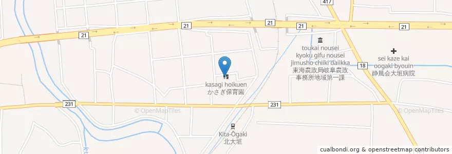 Mapa de ubicacion de かさぎ保育園 en Jepun, 岐阜県, 大垣市.
