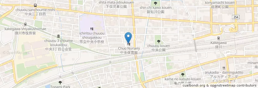Mapa de ubicacion de 中央保育園 en Япония, Сидзуока, 掛川市.