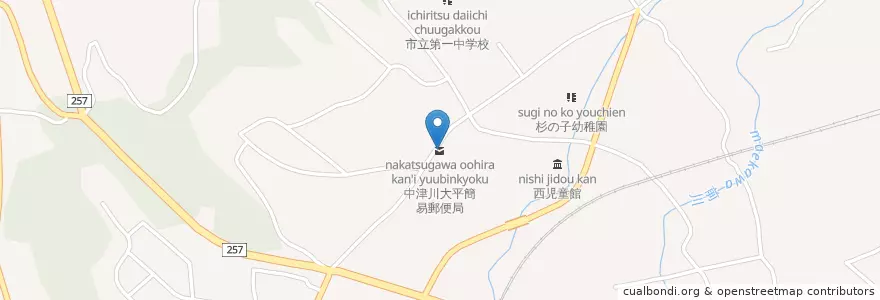 Mapa de ubicacion de 中津川大平簡易郵便局 en 日本, 岐阜県, 中津川市.