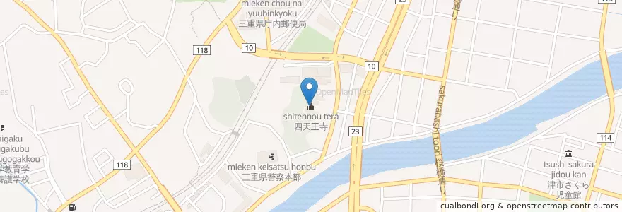 Mapa de ubicacion de 四天王寺 en Giappone, Prefettura Di Mie, 津市.