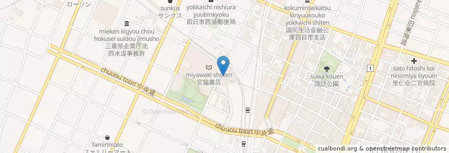 Mapa de ubicacion de 近鉄四日市駅前郵便局 en Japón, Prefectura De Mie, 四日市市.
