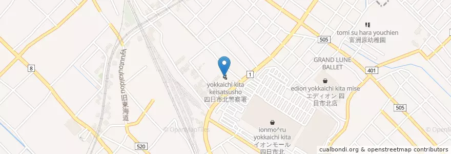 Mapa de ubicacion de 四日市北警察署 en Giappone, Prefettura Di Mie, 四日市市.