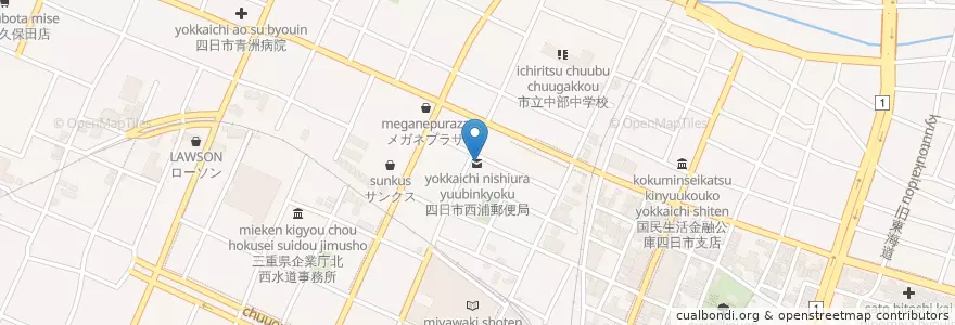 Mapa de ubicacion de 四日市西浦郵便局 en اليابان, 三重県, 四日市市.