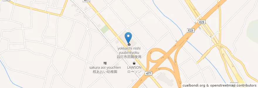 Mapa de ubicacion de 四日市西郵便局 en Japonya, 三重県, 四日市市.