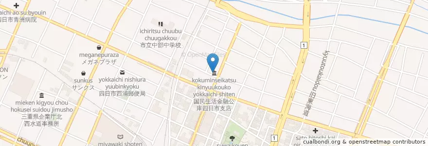 Mapa de ubicacion de 国民生活金融公庫四日市支店 en Japon, Préfecture De Mie, 四日市市.