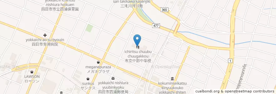 Mapa de ubicacion de 市立中部中学校 en Giappone, Prefettura Di Mie, 四日市市.