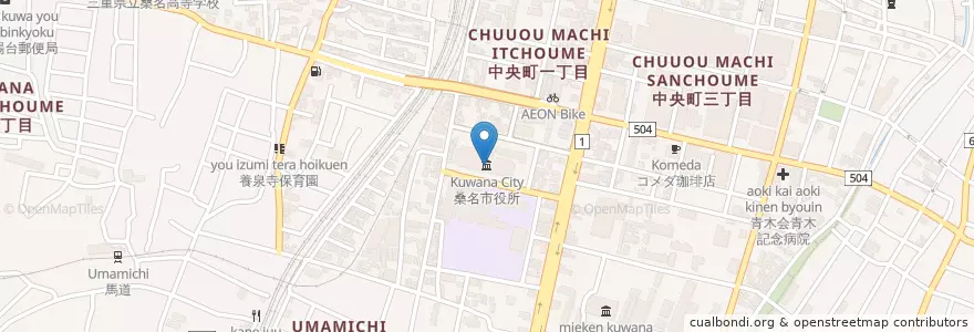 Mapa de ubicacion de 桑名市役所 (Kuwana City Hall) en اليابان, 三重県, 桑名市.