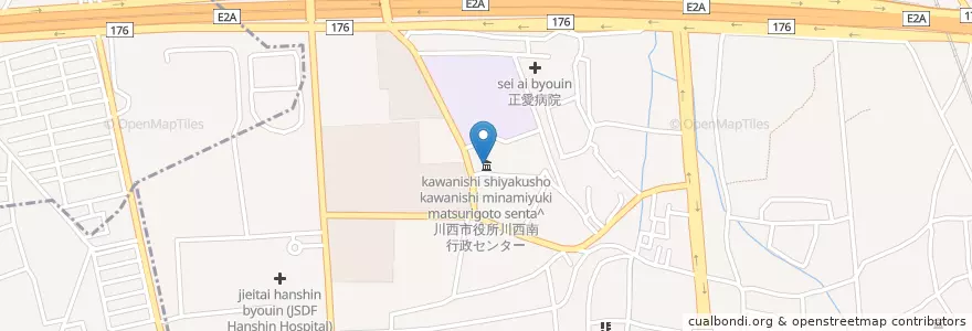Mapa de ubicacion de 川西市役所川西南行政センター en Japón, Prefectura De Hyōgo, 川西市.