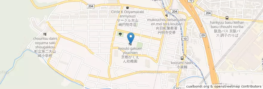 Mapa de ubicacion de 京都がくえん幼稚園 en Japan, Präfektur Kyōto, 乙訓郡, 長岡京市, 大山崎町.