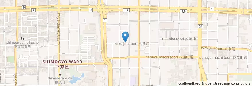 Mapa de ubicacion de 京都六条郵便局 en اليابان, 京都府, 京都市, 下京区.