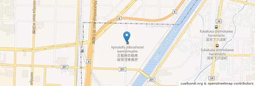 Mapa de ubicacion de 京都府自動車税管理事務所 en Japan, Kyoto Prefecture, Kyoto, Minami Ward.