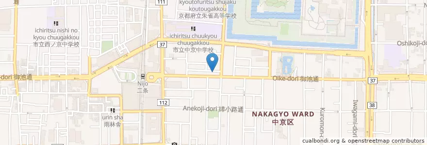 Mapa de ubicacion de 京都西ノ京職司郵便局 en Japón, Prefectura De Kioto, Kioto, 中京区.