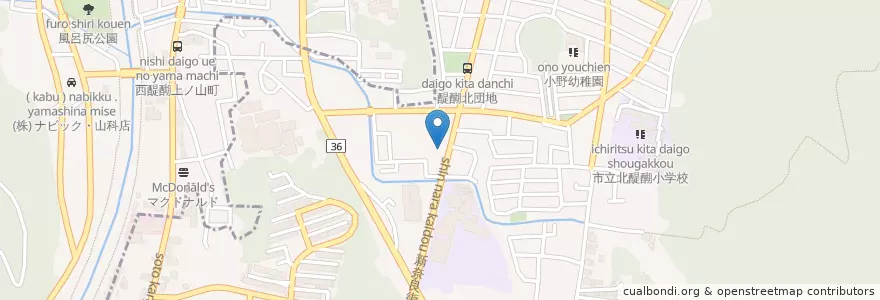 Mapa de ubicacion de 京都醍醐北郵便局 en Japão, 京都府, Quioto, 伏見区.