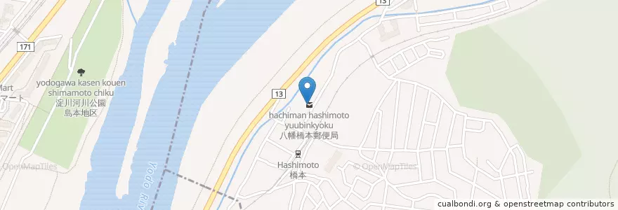 Mapa de ubicacion de 八幡橋本郵便局 en Япония, Киото, Явата.