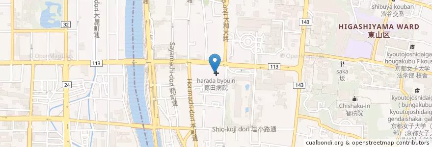 Mapa de ubicacion de 原田病院 en Japón, Prefectura De Kioto, Kioto, 東山区.