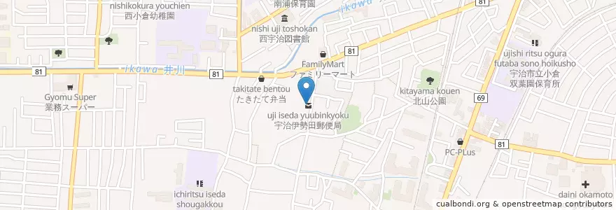 Mapa de ubicacion de 宇治伊勢田郵便局 en Japão, 京都府, 宇治市.
