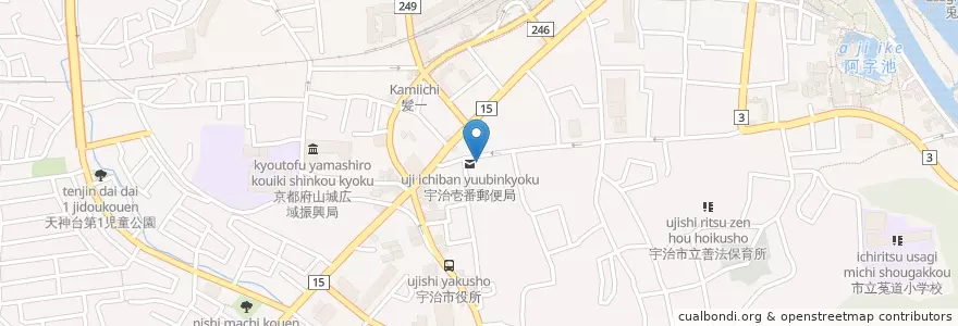 Mapa de ubicacion de 宇治壱番郵便局 en Japón, Prefectura De Kioto, 宇治市.