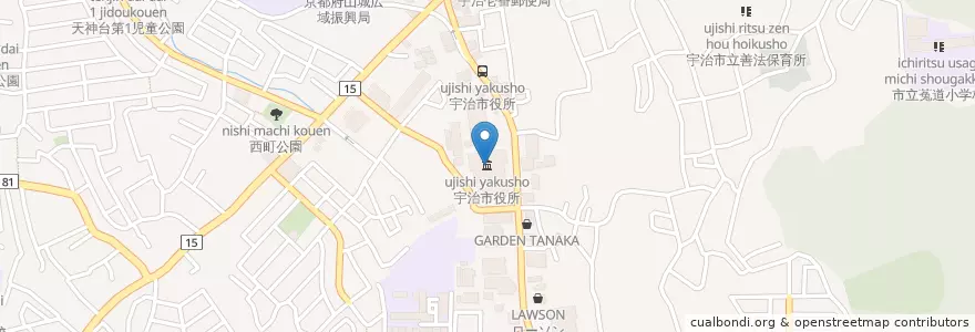 Mapa de ubicacion de 宇治市役所 en Japan, Kyoto Prefecture, Uji.