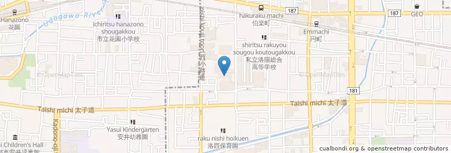 Mapa de ubicacion de 花園大学 en 日本, 京都府, 京都市, 右京区, 中京区.