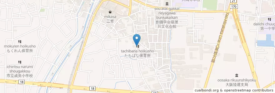 Mapa de ubicacion de たちばな保育所 en Giappone, Prefettura Di Osaka, 寝屋川市.