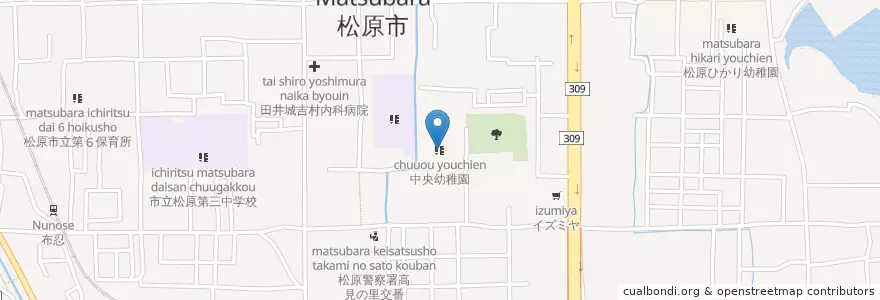 Mapa de ubicacion de 中央幼稚園 en Japón, Prefectura De Osaka, 松原市.