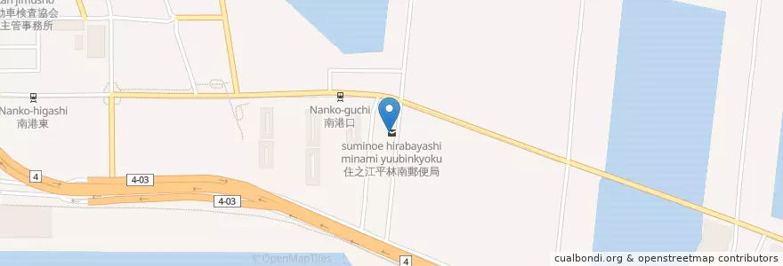 Mapa de ubicacion de 住之江平林南郵便局 en 日本, 大阪府, 大阪市, 住之江区.