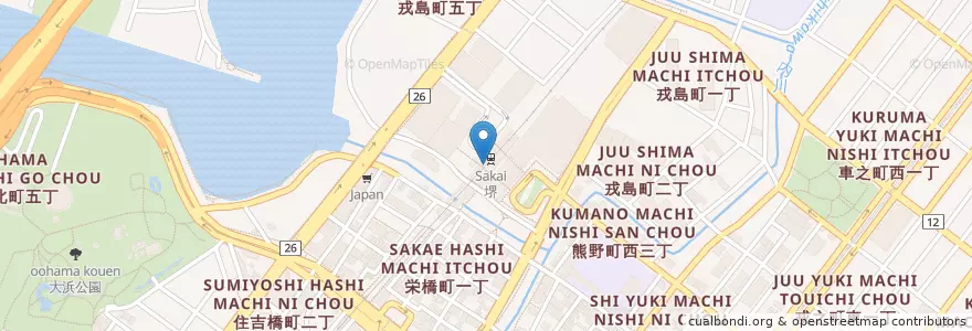Mapa de ubicacion de 南海堺駅内郵便局 en 日本, 大阪府, 堺市, 堺区.