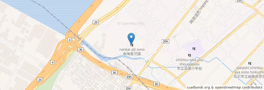 Mapa de ubicacion de 南海愛児園 en Japonya, 大阪府, 高石市.