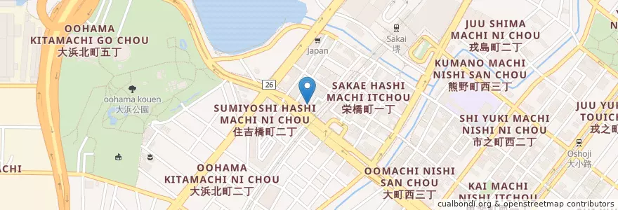 Mapa de ubicacion de 商工組合中央金庫堺支店 en Japonya, 大阪府, 堺市, 堺区.