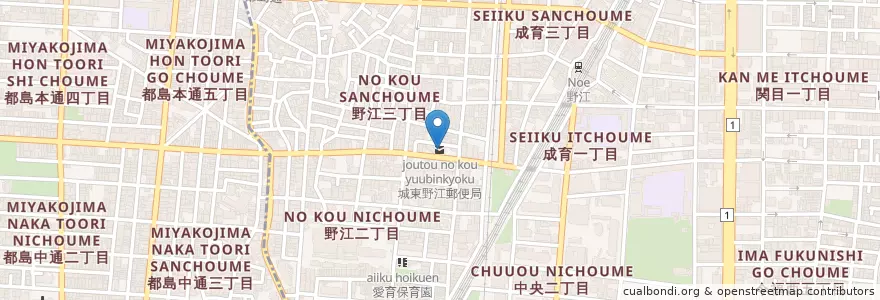 Mapa de ubicacion de 城東野江郵便局 en اليابان, أوساكا, أوساكا, 城東区.