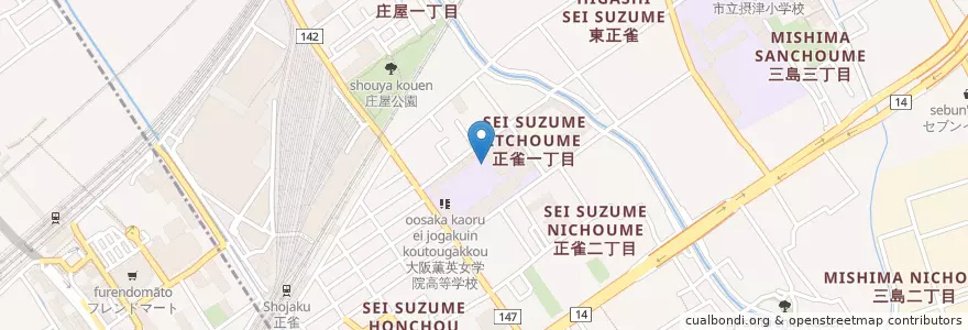 Mapa de ubicacion de 大阪人間科学大学 庄屋学舎 en Japan, Osaka Prefecture, Settsu.