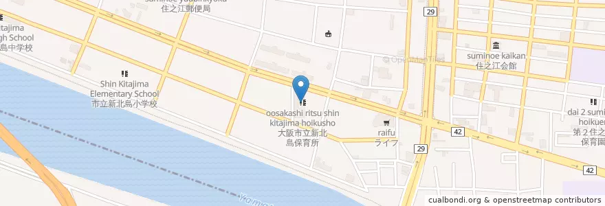 Mapa de ubicacion de 大阪市立新北島保育所 en Jepun, 大阪府, 大阪市, 住之江区.