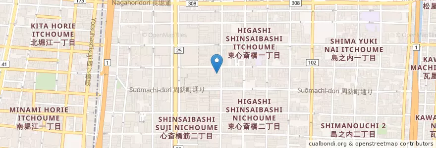 Mapa de ubicacion de 大阪心斎橋郵便局 en اليابان, أوساكا, أوساكا, 中央区.