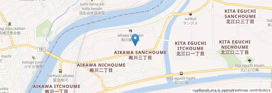Mapa de ubicacion de 大阪成蹊短期大学 en 일본, 오사카부, 吹田市, 오사카, 東淀川区.