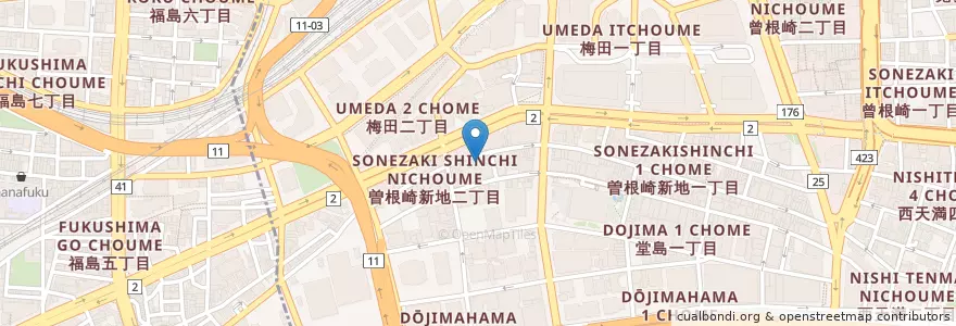 Mapa de ubicacion de 大阪曽根崎新地郵便局 en Japão, 大阪府, 大阪市, 北区.