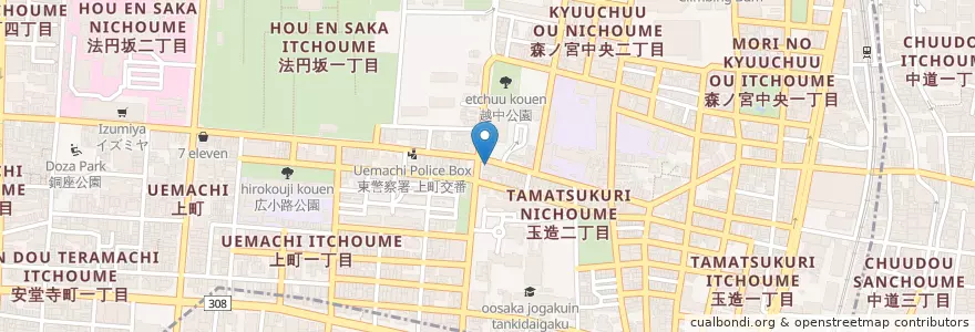 Mapa de ubicacion de 大阪玉造二郵便局 en 日本, 大阪府, 大阪市, 中央区.