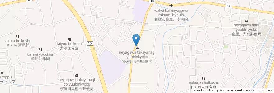 Mapa de ubicacion de 寝屋川高柳郵便局 en Japón, Prefectura De Osaka, 寝屋川市.