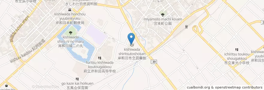 Mapa de ubicacion de 岸和田市立図書館 en 日本, 大阪府, 岸和田市.