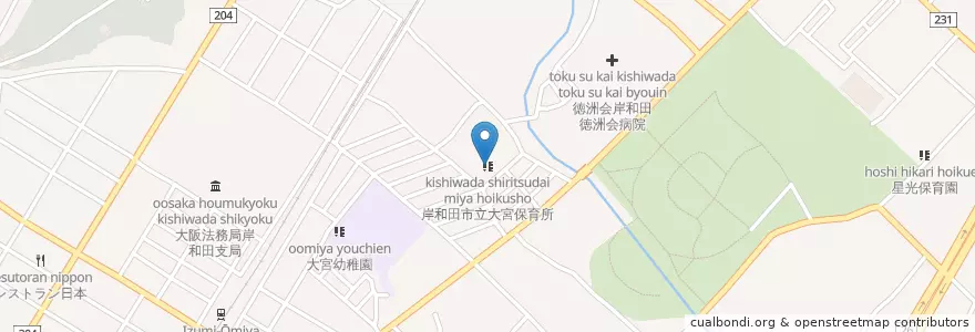 Mapa de ubicacion de 岸和田市立大宮保育所 en Japão, 大阪府, 岸和田市.