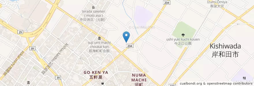 Mapa de ubicacion de 岸和田郵便局 en ژاپن, 大阪府, 岸和田市.