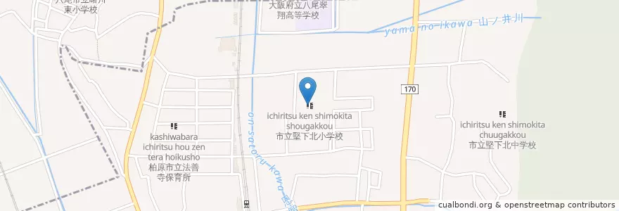 Mapa de ubicacion de 市立堅下北小学校 en 日本, 大阪府, 八尾市, 柏原市.
