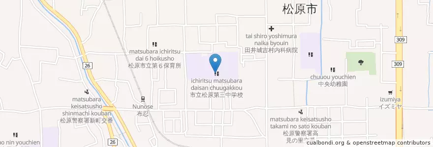 Mapa de ubicacion de 市立松原第三中学校 en 日本, 大阪府, 松原市.