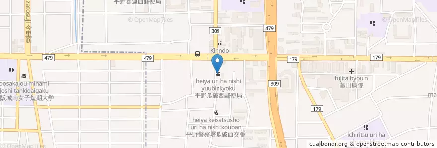 Mapa de ubicacion de 平野瓜破西郵便局 en Japan, 大阪府, Osaka, 平野区.