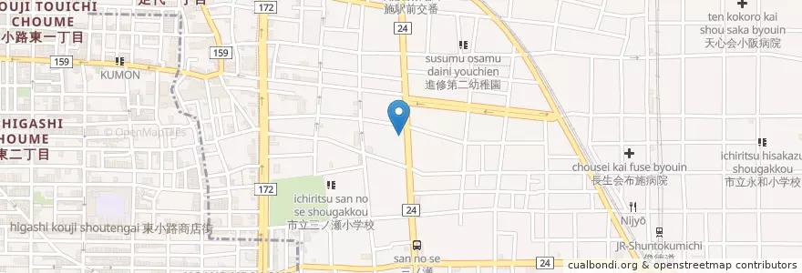 Mapa de ubicacion de 東大阪三ノ瀬郵便局 en 日本, 大阪府, 東大阪市.