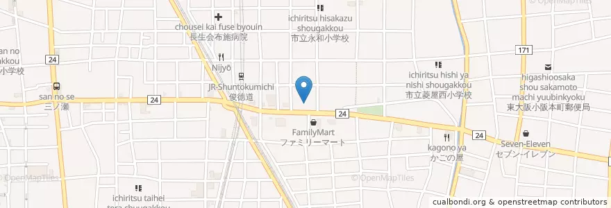 Mapa de ubicacion de 東大阪永和郵便局 en اليابان, أوساكا, 東大阪市.